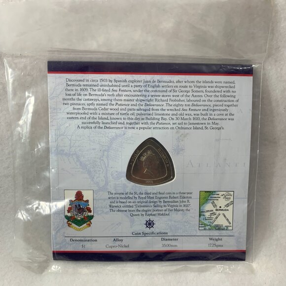 Bermuda 1998 Navigation Map 1 Dollar Triangular Coin 10/10 Sealed Uncirculated - Picture 2 of 4